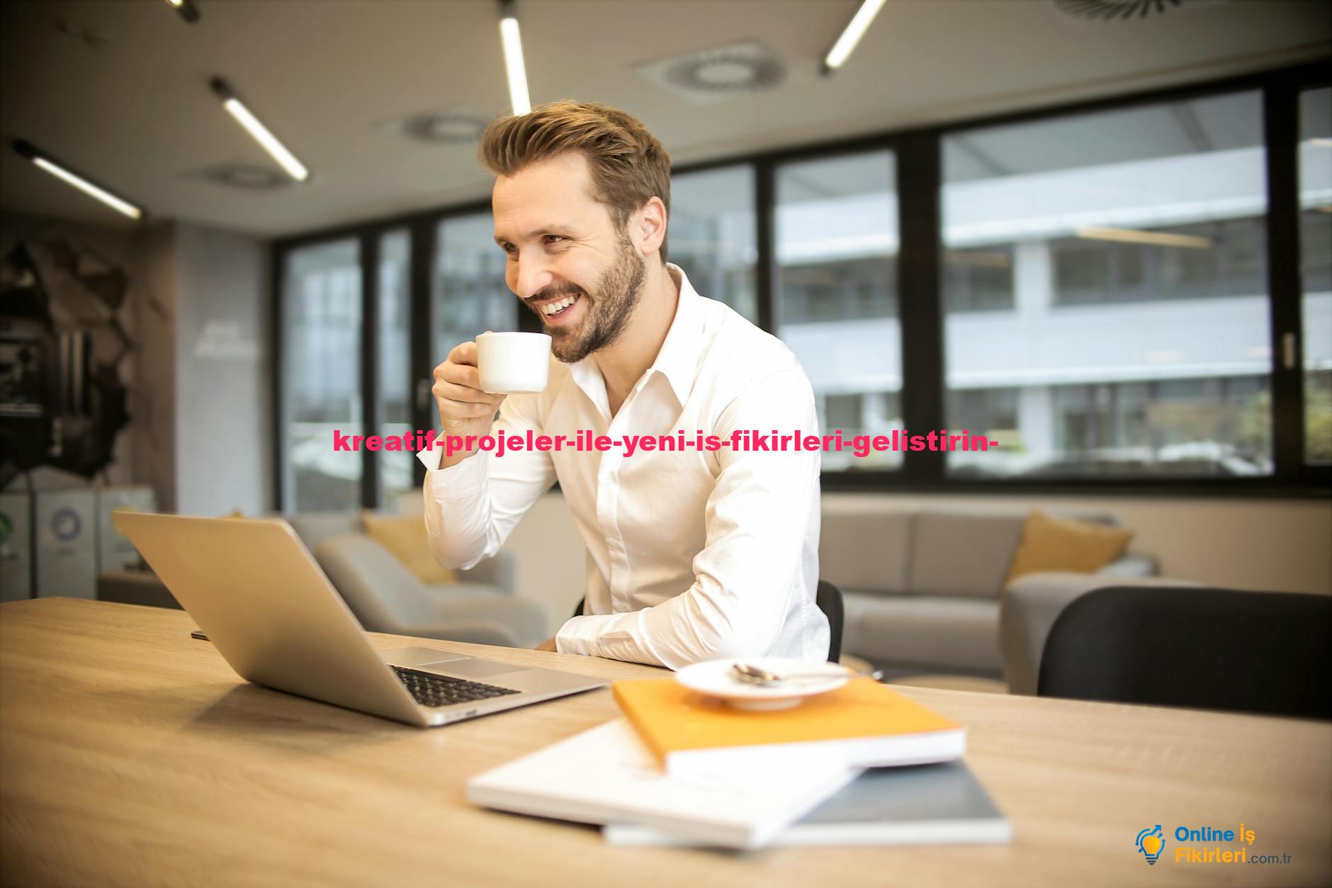 Man enjoying a coffee break while working in a modern office with laptop and books.