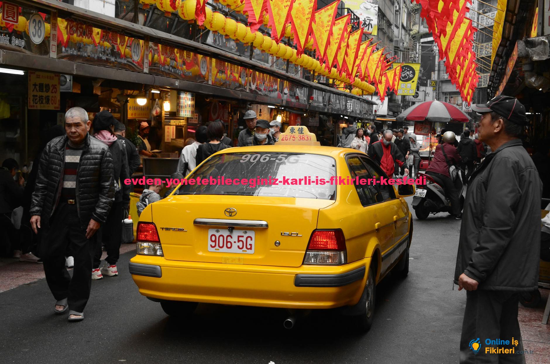 A bustling scene of a yellow taxi at Keelung Night Market, Taiwan, surrounded by vibrant flags and people.