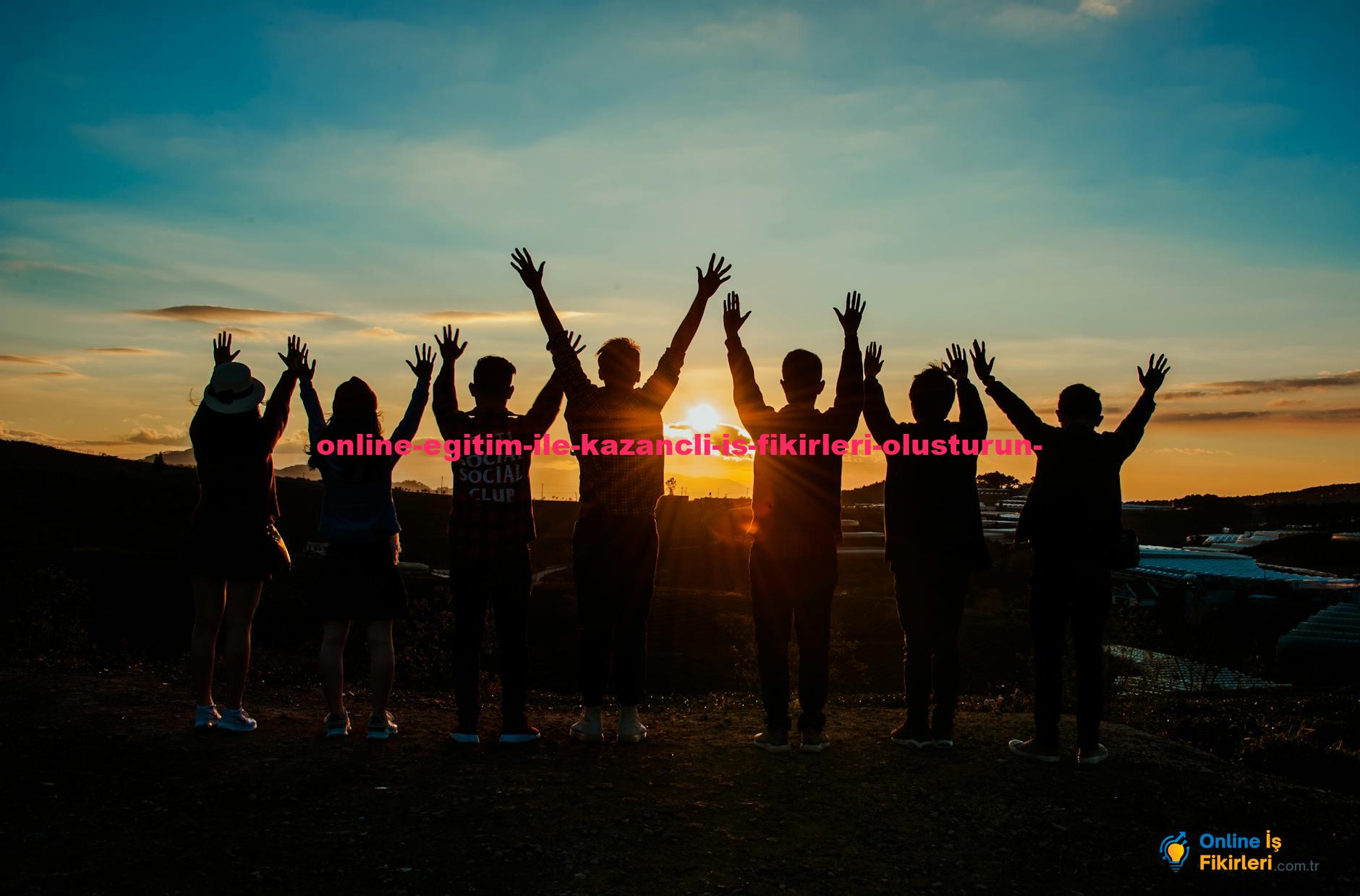 A diverse group of friends raises their arms in celebration against a vibrant sunset backdrop.