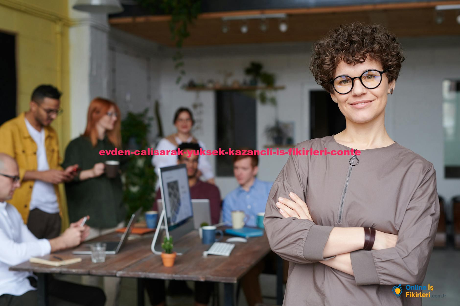 Smiling businesswoman with curly hair stands confidently in a modern office space with colleagues.