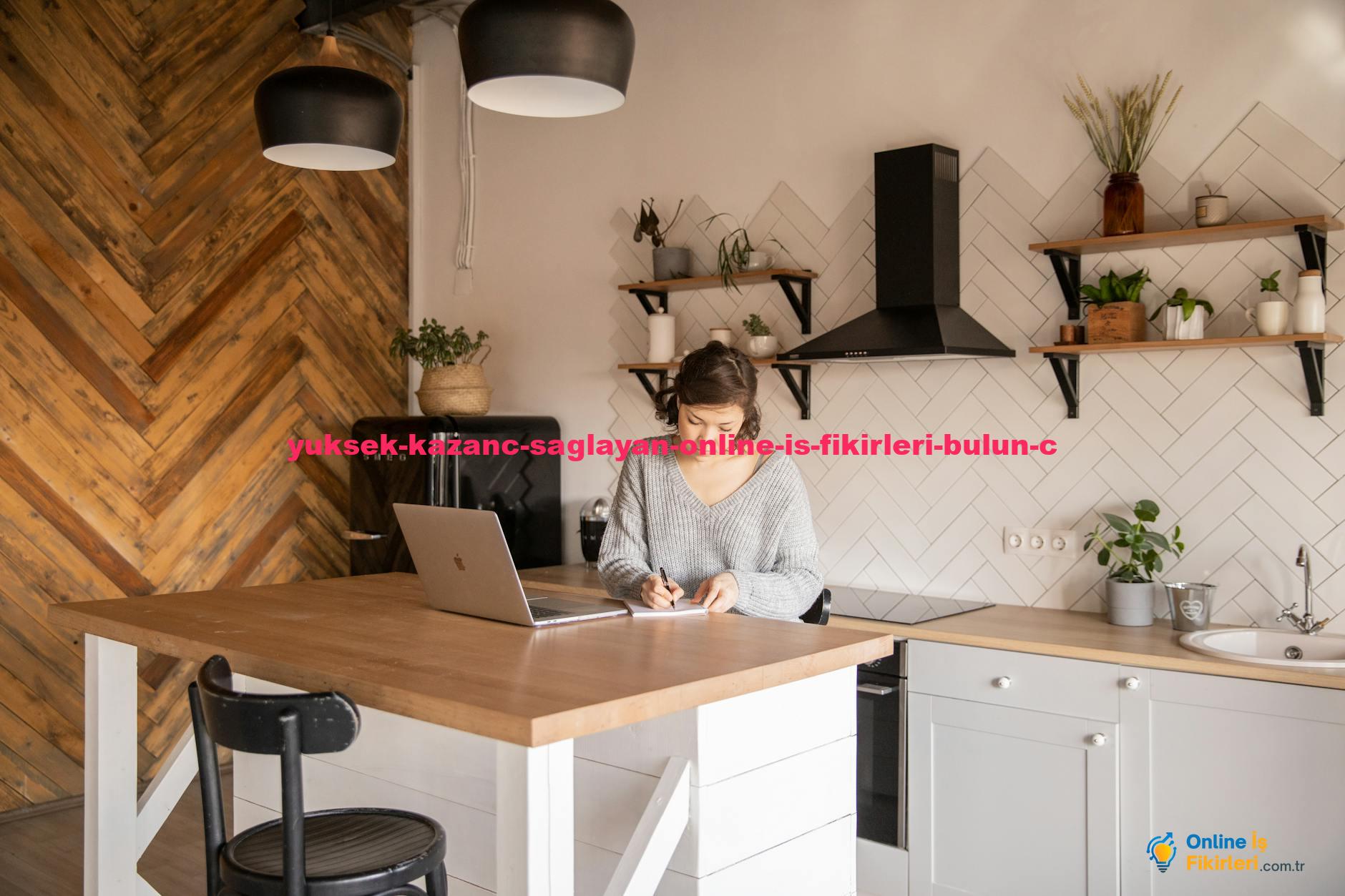 A woman in a modern kitchen working on a laptop, emphasizing remote work and home lifestyle.