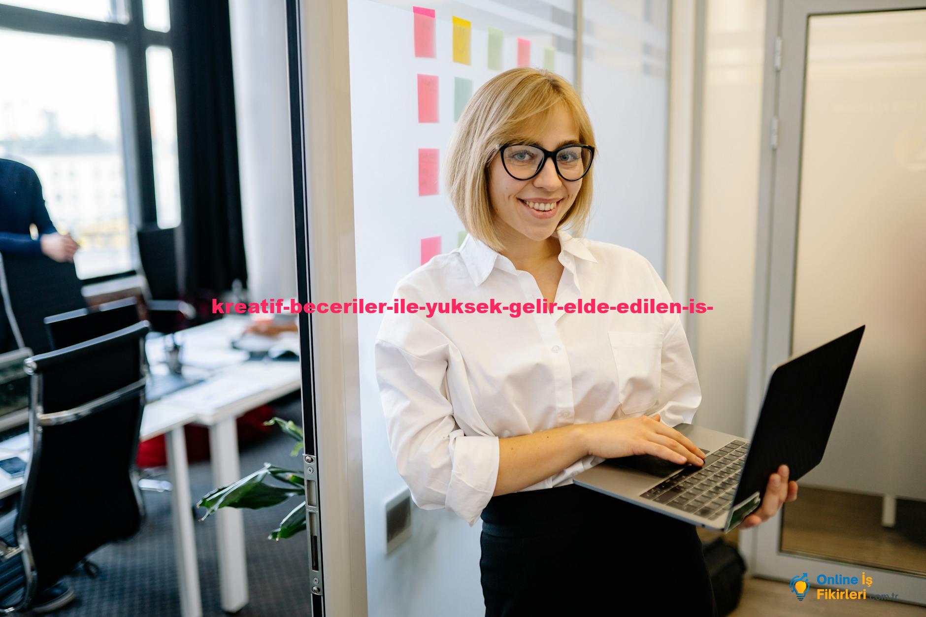 Young woman in glasses smiling confidently in a modern office setting with a laptop.