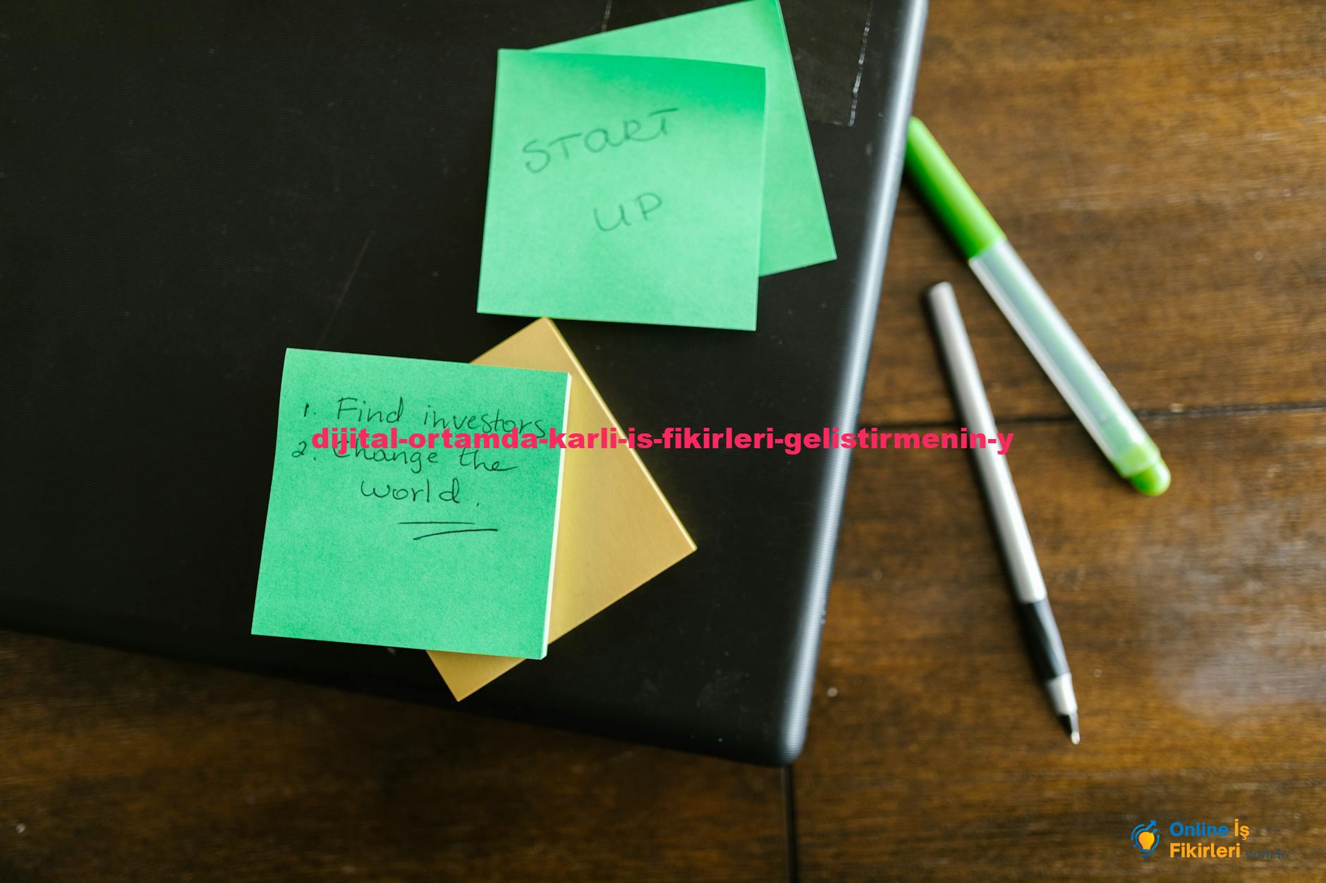 Green sticky notes with startup goals on a wooden desk with pens.