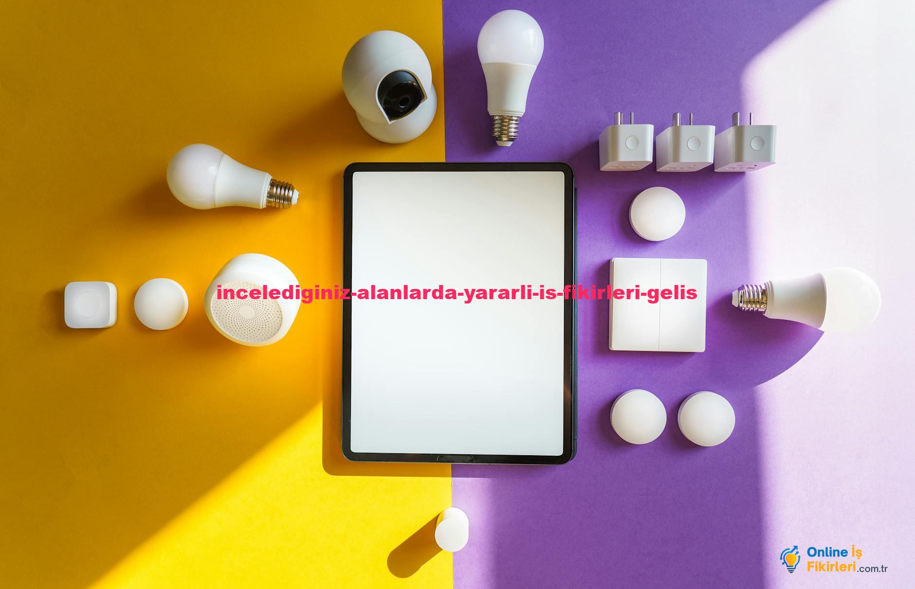 Top view of smart home devices and tablet on split yellow and purple background.