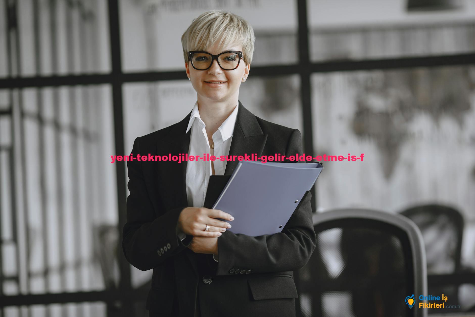 Professional woman in a suit holding a folder in a modern office setting.