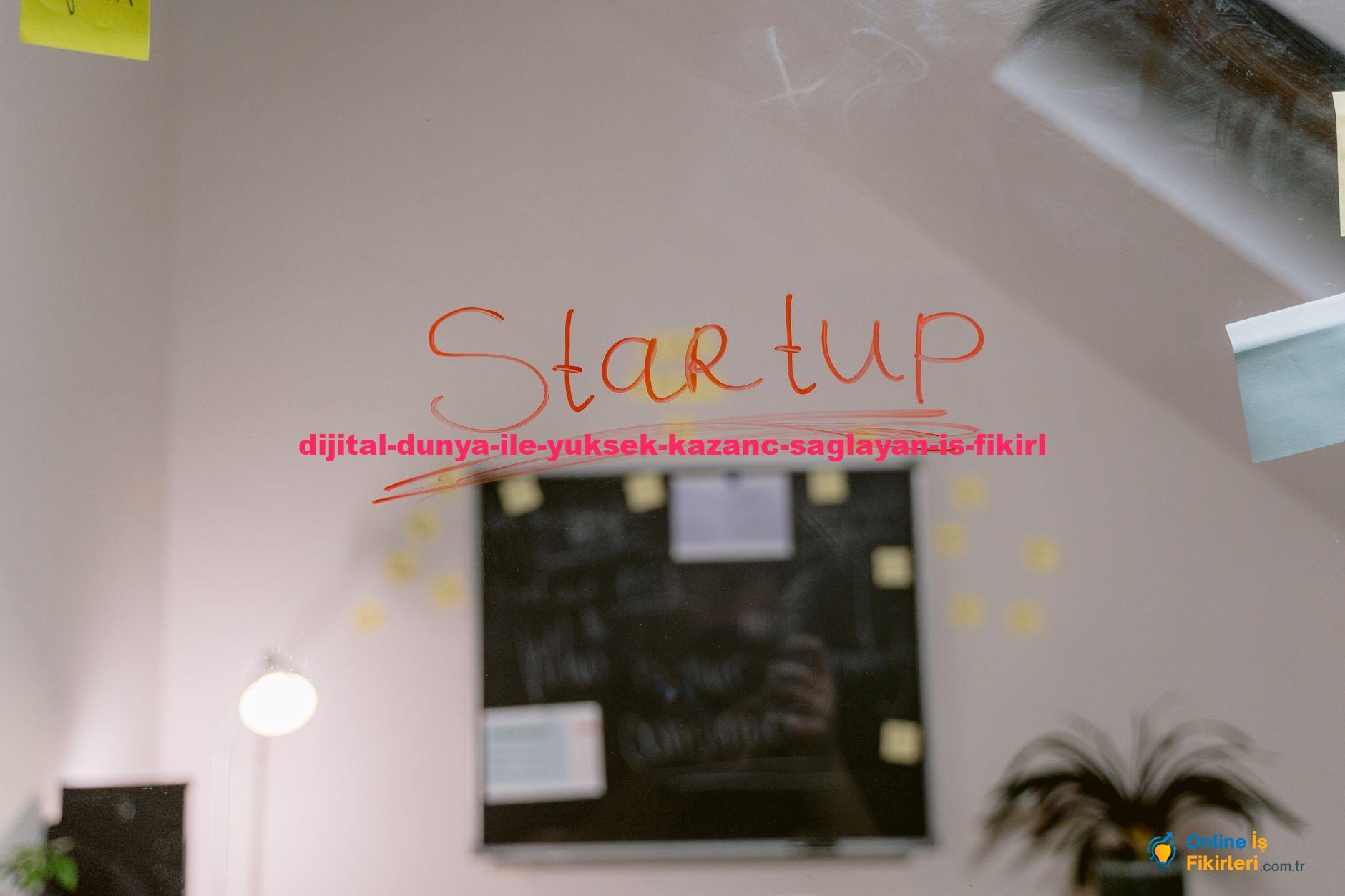 Close-up of "Startup" written on a glass panel in an office setting.
