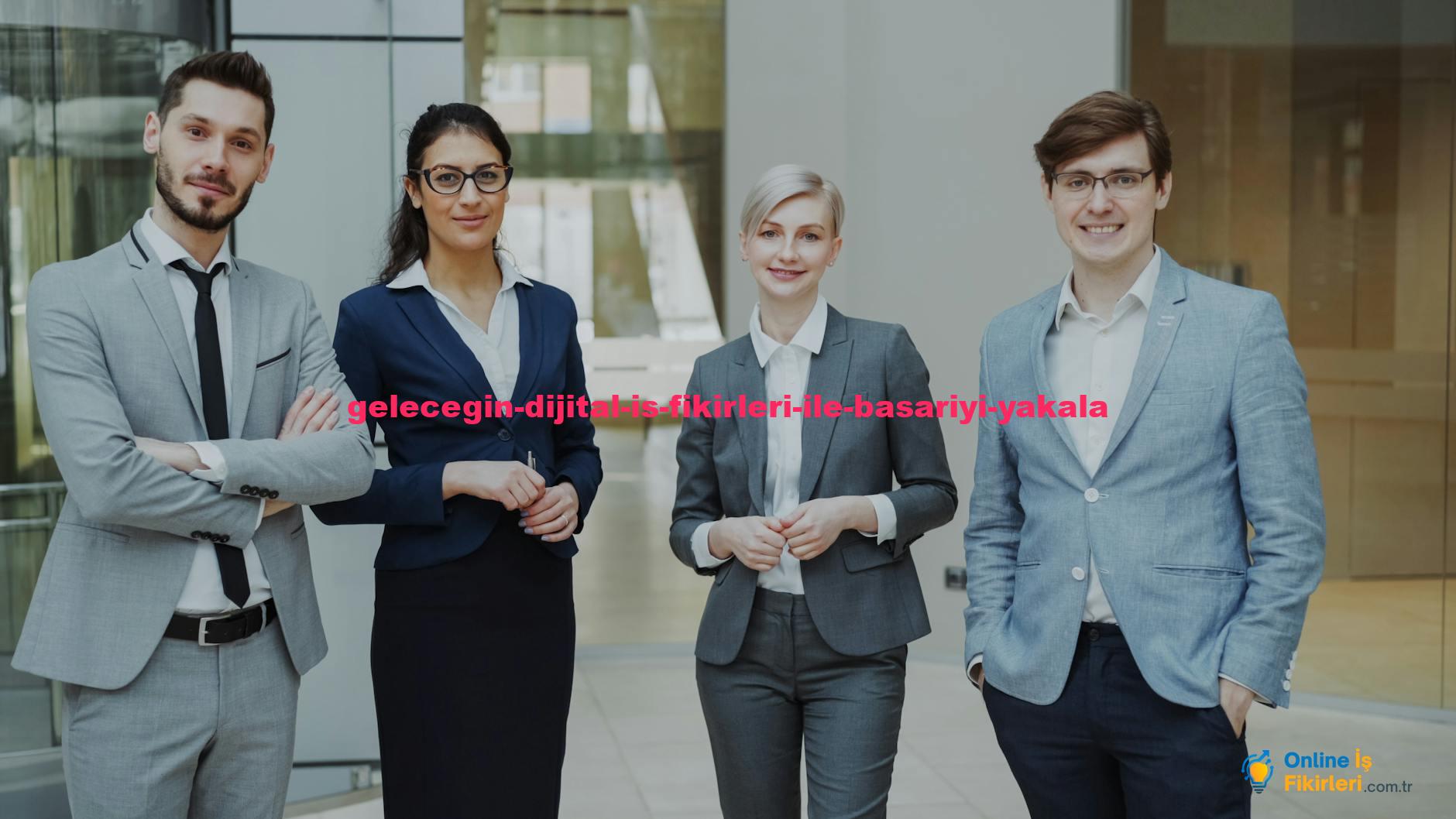 Four business professionals posing confidently in a modern office environment.
