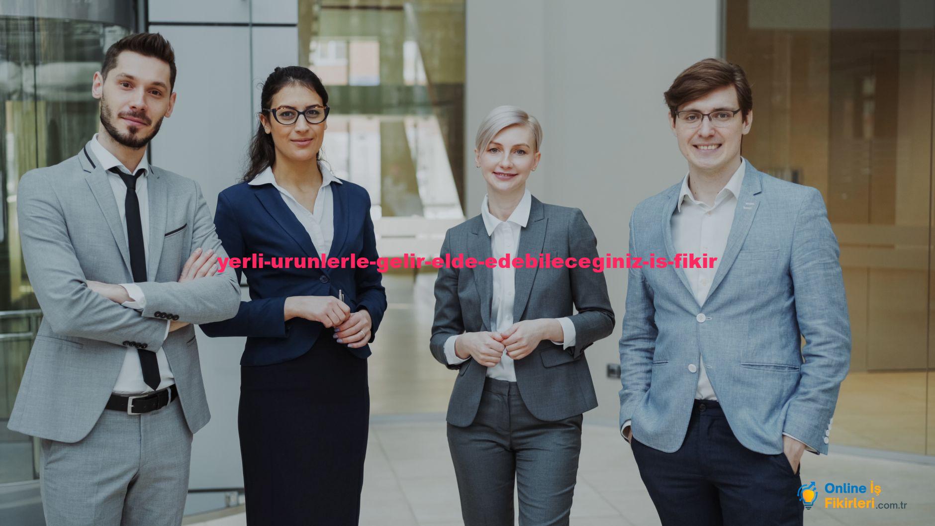 Four business professionals posing confidently in a modern office environment.